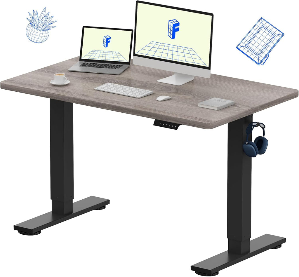 FLEXISPOT EN1 Whole-Piece Standing Desk 48 x 30 Inches Height Adjustable Electric Desk Sit Stand Desk Home Office Desks (Black Frame + Gray Wood Grain Top, 2 Packages)