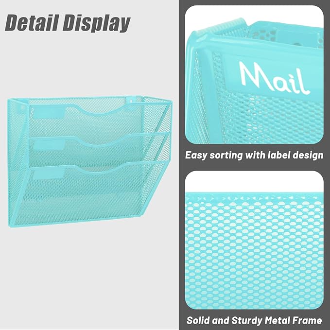 EASEPRES 3 Pocket Mesh Hanging Wall File Organizer, Wall Mounted Mail Paper Document Folder Holder, Clipboard Storage Organization Magazine Rack with Nametag Label for Office Home School, Blue