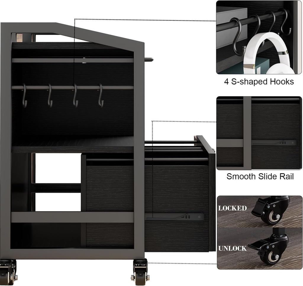 HSH Rolling Lateral File Cabinet with Storage Drawer, Black Mobile Filing Cabinet for Legal/Letter Size, Wood Metal Printer Stand with Shelves, Wheels & Hanging File Folder for Home Office Desk, 33 In