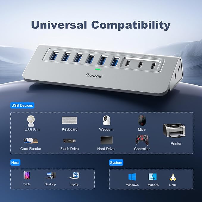 Powered USB Hub 10Gbps, intpw 9-Port USB 3.2 Hub, USB C Hub with USB A/USB C 3.2, 4 USB 3.0, 2 PD 45W Charging Ports, 65W Power Adapter and 3.3FT Cable, Aluminum USB Hub for Laptop, iPhone 16/15, PC