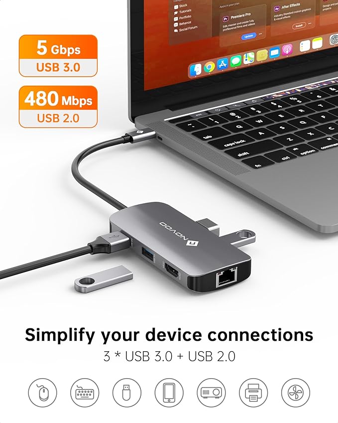 NOVOO USB C Hub Ethernet 4K@60 USB C HDMI Adapter Multiport Type C Adapter 4 USB 3.0 & USB2.0 Dongle 100W PD Dock Docking Station for MacBook Pro Air Apple iPad Pro Steam Deck Dell HP Lenovo 7-in-1