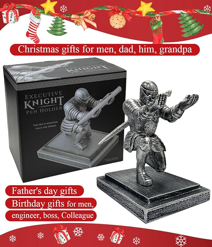 Magnetic Knight Pen Holder Knight Statue Pen Holder for Desk Organizers Resin Pencil Holder as Gift with Sword Letter Opener for Office Home Desk