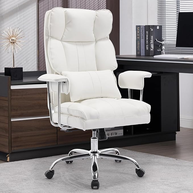 Big and Tall Office Chair 500lbs Wide Seat Executive Office Desk Chair High-Back Office Task Chair with,Ergonomic Lumbar Support Computer Office Chairs for Heavy People(White)