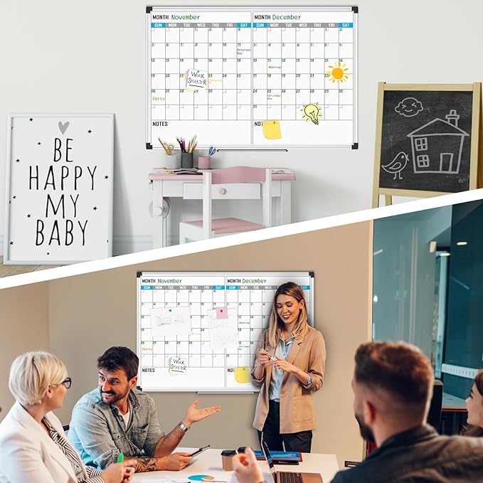 XBoard Magnetic Calendar Whiteboard 48" x 36" - 2 Month Dry Erase Board, White Board + Colorful Calendar Board, Silver Aluminium Framed Monthly Planning Board