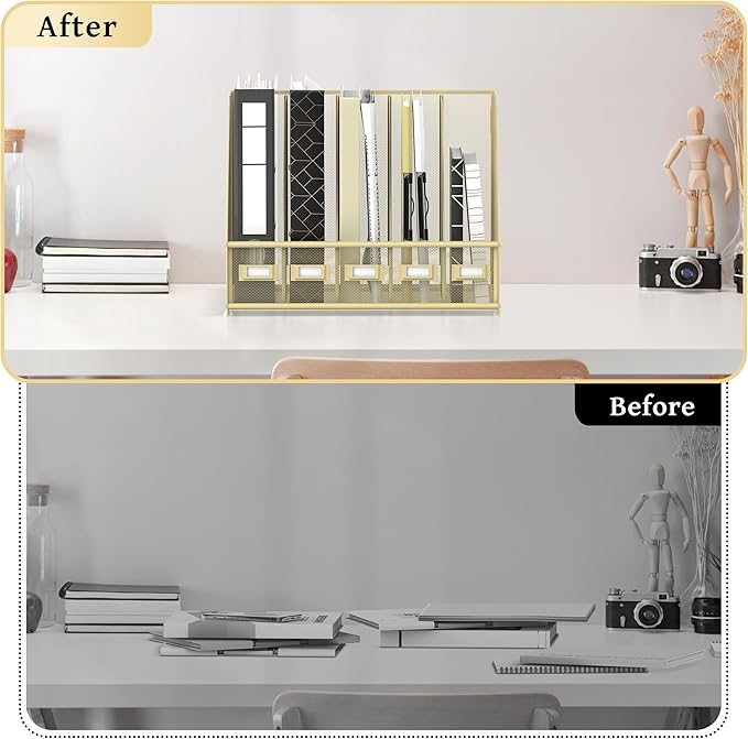 SUPEASY Desk Organizers Metal Desk Magazine File Holder with 5 Vertical Compartments Rack File Organizer for Office Desktop, Home Workspace, Golden Yellow, Plus