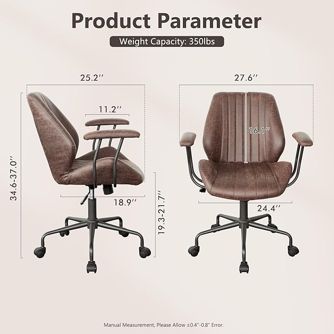 Mid Century Modren Office Chair - Mid Back Swivel Executive Chair with Lumbar Support,Ergonomic Computer Desk Chair with Wheels,Faux Lether Suede Task Chair,350lbs (Dark Brown, Mid Back)
