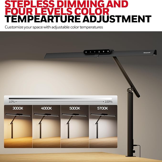 Honeywell LED Desk Lamp with Clamp - HJ1 Sunturalux Eye-Caring Clip on Lights for Home Office, 1200LM Clamp Lamp 4 Color Modes Stepless Dimming Task Desk Light for Working Black