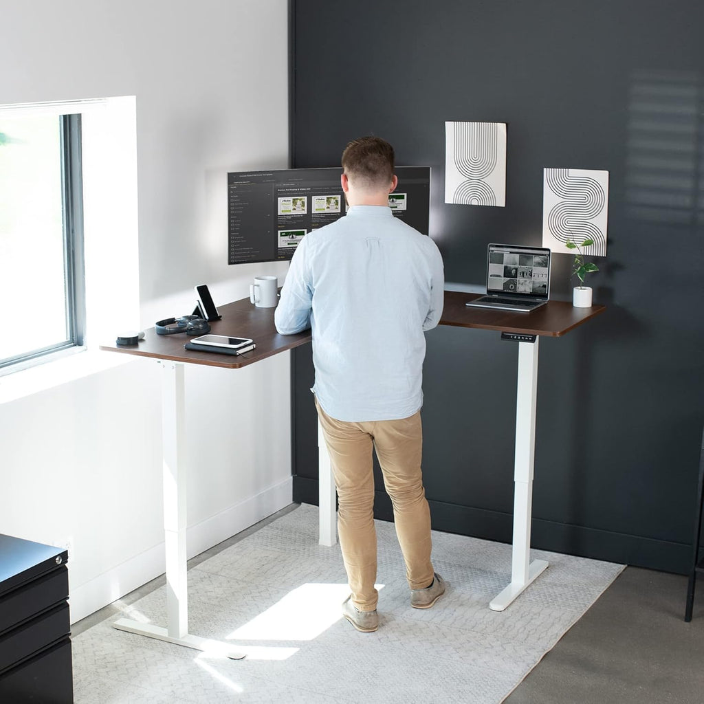 VIVO Electric Corner L-Shaped 63 x 55 in Standing Desk, Memory Height Adjustment, Dark Walnut Top White Frame, DESK-E3CTWD