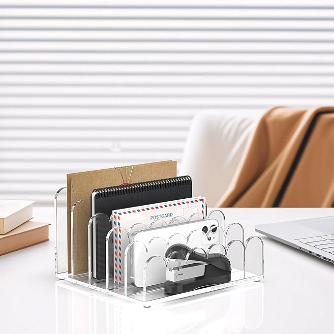 YAGELI 2 Pack 5-Slot Acrylic Mail Organizer for Desktop – Scalloped Clear Document Sorter, Vertical File Holder for Office/Home, Space-Saving Desk Organizer for Letters, Bills, Stationery
