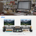 Desk Dual Monitor Stand Riser - Desk Organizer with Drawer and Pen Holders, Office Desk Accessories & Workspace Organization, Computer Monitor Stand for Laptop, Printer, TV(BLACK)