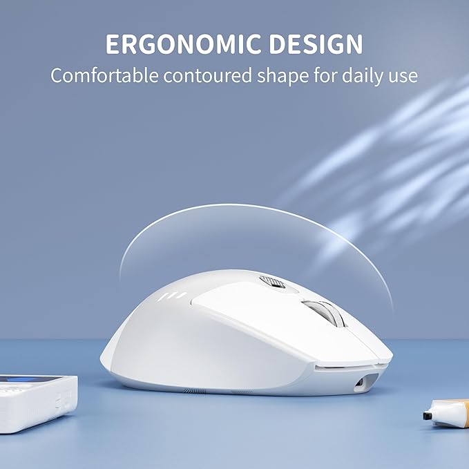 TENMOS M7 Bluetooth Mouse, Rechargeable Dual Mode BT5.1+ 2.4GHz USB Silent Wireless Mouse with Type C Adapter & Battery Indicator, Ergonomic Design for Laptop, iPad, MacBook-White and Grey