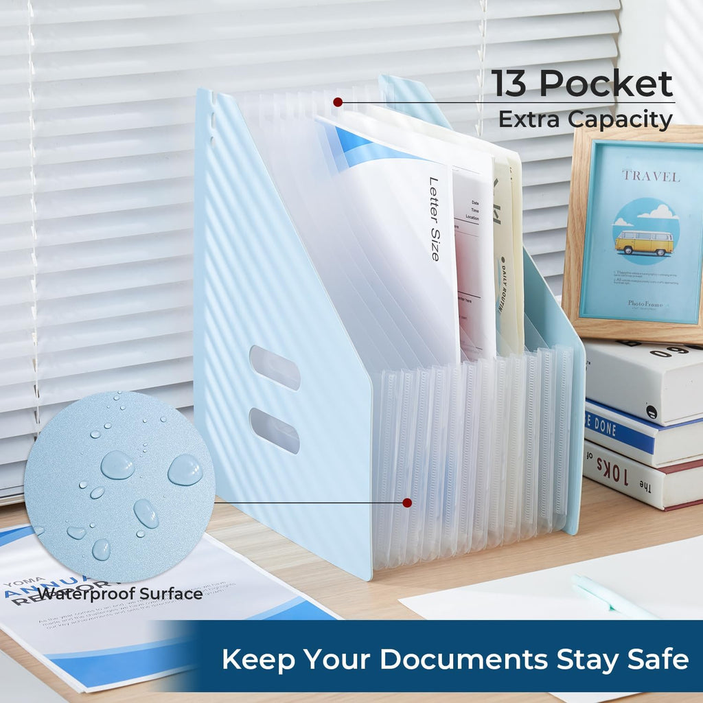 Y YOMA 2 Pack Expanding Magazine Holder with 13 Pockets | Portable Desktop Plastic Self Standing Accordion File Organizer for A4 Letter Size Document Storage Home Office School, Blue