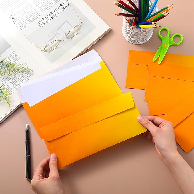 100 Pcs #10 Business Envelopes Colorful Self Adhesive Standard Envelopes Gradient for Office Check Invoices Letters Letterhead Invitations Announcements 4-1/8 x 9-1/2''(Gradient Orange)