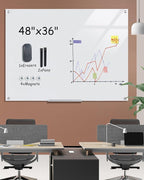 Magnetic Glass Whiteboard，48"x36" Wall Mounted Frameless Dry Erase Board for Office, Home & School Ultra White