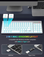 SABLUTE Wireless Keyboard and Mouse Combo Backlit - Compact Quiet Keyboard with RGB Mouse, Rechargeable, Slim, Sleep Mode, Portable Cordless Set for Mac, Windows, Laptop, PC (Silver White)