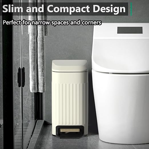 Small Bathroom Trash Can with Lid Soft Close-6L/1.6 Gal Slim Step Garbage Can-Metal Pedal Wastebasket-Narrow Rectangle Garbage Container Bin for Corner Office, Bedroom, Toilet, Live Room-Beige