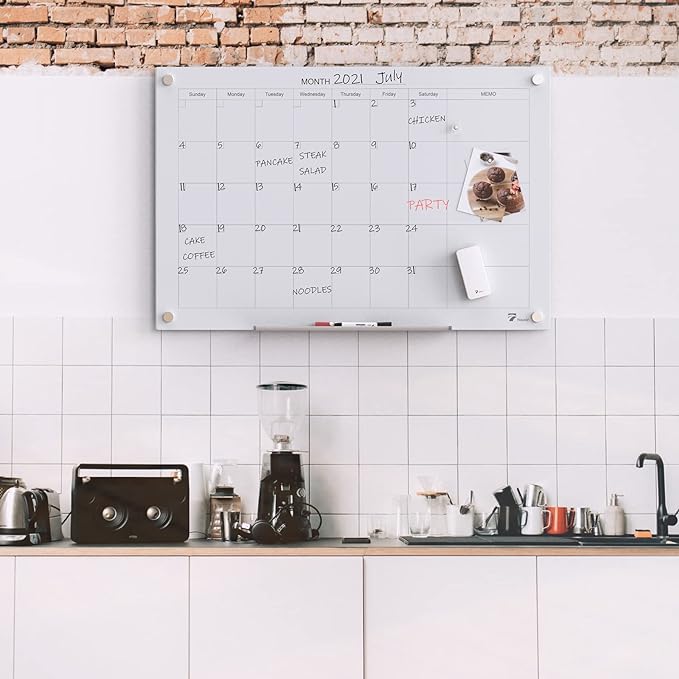 TOWON Tempered Glass Calendar Dry Erase Board for Wall, 3' x 2' Magnetic Whiteboard Calendar Planner for Office, Home, School Supplies, White, 36 x 24 Inches