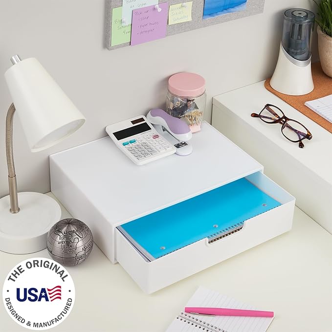 STORi STAX Plastic Stackable Organizer Drawer in Solid Cloud White | 12.5-inches Wide | Organize Office Desk Accessories and Sort Letter-Size Paper | Made in USA