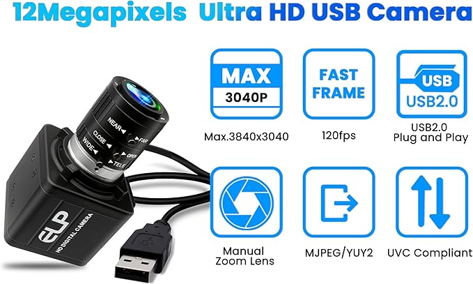 USB Camera 4K 12 Megapixels USB Webcam 1080P 120fps High Speed Golf Swing Cam with 3X Manual Optical Zoom Lens Close up PC Computer Plug and Play for Live Streaming Industrial Project Meeting
