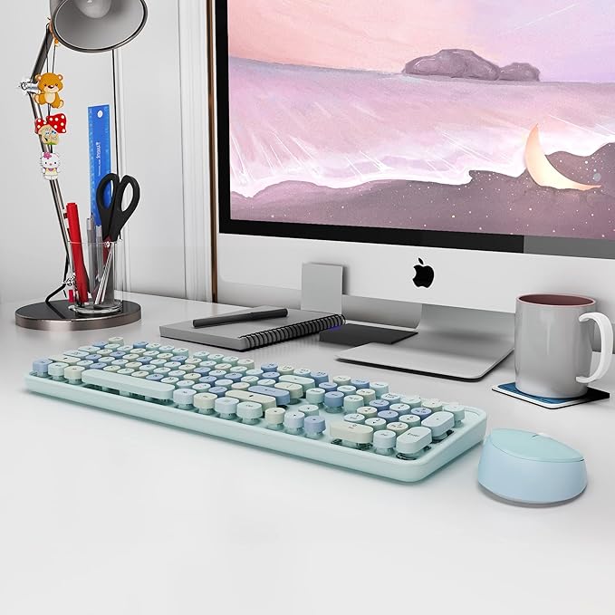 Wireless Keyboard and Mice Combo,Retro Round Keys Full-Sized Cute Keyboard, 2.4Ghz Dropout-Free Connection and Optical Mouse for Windows, Mac, PC, Laptop, Desktop (Blue-Colorful)