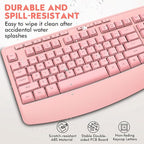 Wireless Keyboard and Mouse Combo, E-YOOSO 2.4GHz Full Sized Ergonomic Wireless Keyboard with Wrist Rest, 3 DPI Adjustable and 6 Buttons Cordless USB Mouse for Computer, Laptop, PC, Windows (Pink)