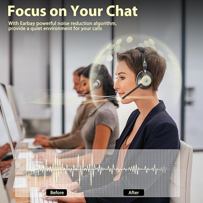 Earbay Wireless Headset with Mic for Work, Bluetooth Headset V5.3, AI Noise Cancelling Mic & 2.4G USB Dongle, 50 Hrs Work Time Wireless Headphones with Mic Mute for Work from Home/Call Center/Teams