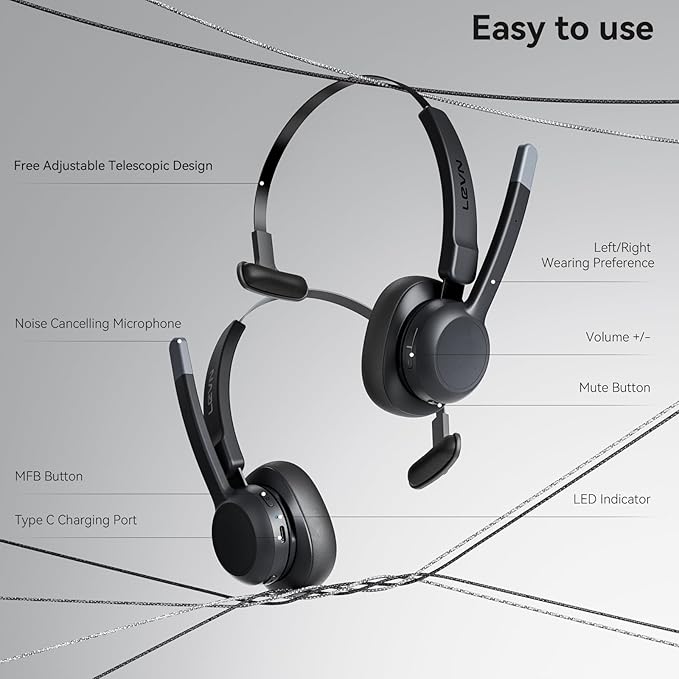 LEVN Trucker Headset, Trucker Bluetooth Headset with Noise Cancelling Microphone & Mute Button, Bluetooth Headsets V5.2 Multipoint for Work from Home/Cell Phone/Computer/Zoom/Teams/Truck Driver