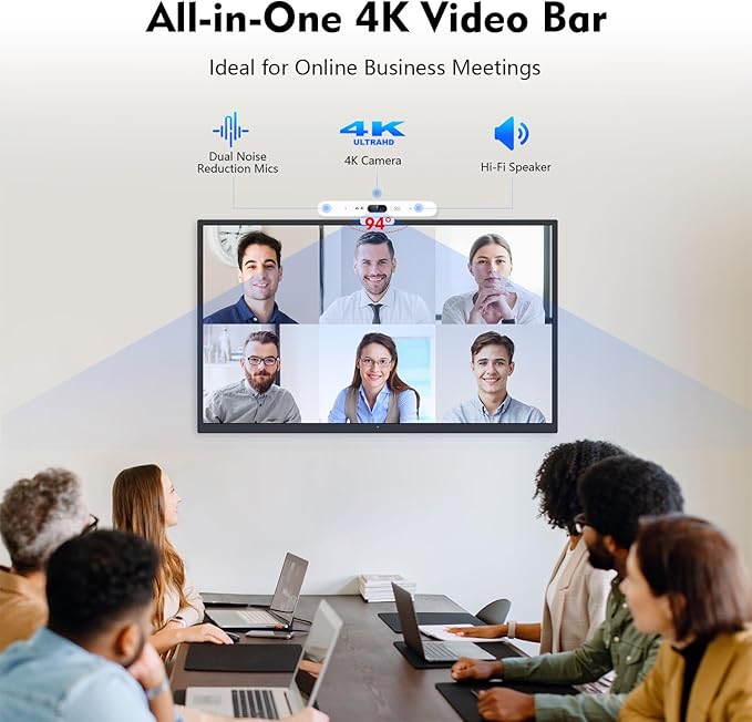 TOALLIN 4K Webcam with Microphone and Speaker, All-in-One Video Conferencing Camera, USB Video Bar, AI Auto-Framing & Speaker-Tracking, Conference Room Web Camera for Laptop, Meetings, Video Calls