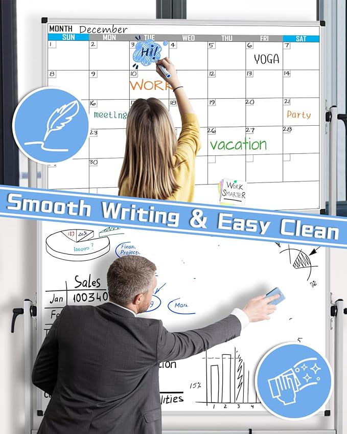 XBoard Magnetic Mobile Whiteboard, Double Sided Magnetic Dry Erase White Board on Wheels, Large Portable Easel with Stand and Aluminium Frame for Home School Office (Calendar 48x36-Inch)