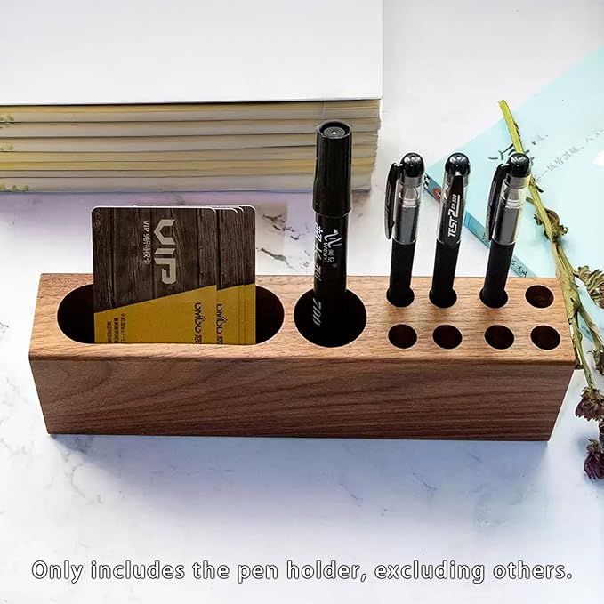 LiTY Pen Holder for Desk, Acacia Wooden Pencil Stand, Solid Wood Business Card Holder, Fountain Pen Organizer, Minimalist Aesthetic Office Stationery Desk Decor