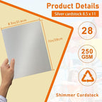 28 Sheets Silver Shimmer Cardstock 8.5 x 11 Craft Paper, 92lb Premium Glossy Grey Paper Card Stock for Wedding, Scrapbooking, Business Cards, Making Cards, Menus