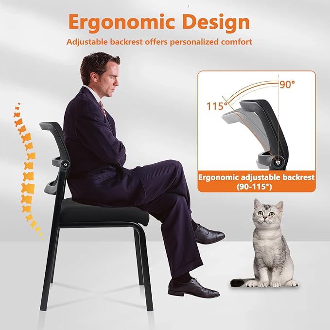 CLATINA Stacking Armless Office Waiting Room Chair with Adjustable Backrest, Stackable Mesh Guest Reception Desk Chairs with Ergonomic Lumbar Support for Home Conference Lobby Side School, Black