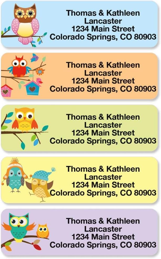 Owls Seasonal Rolled Personalized Return Address Mailing Labels with Dispenser, Set of 250, 5 Designs, Small ¾ x 2½ Inch Size, Custom Self-Adhesive Sticker Roll, by Colorful Images