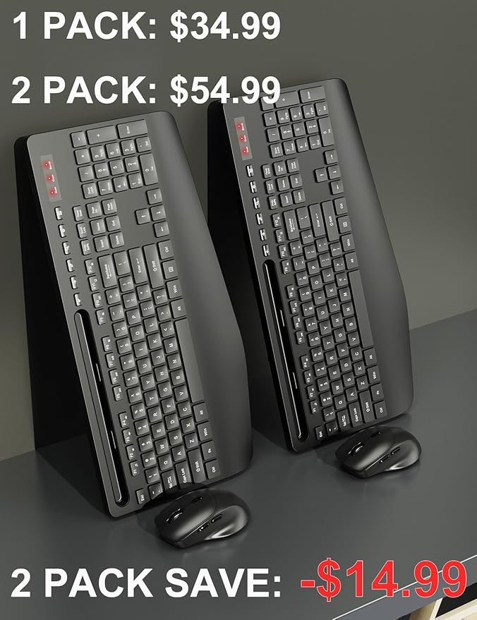Wireless Keyboard and Mouse Combo 2 Pack - Full-Sized Ergonomic Keyboard with Wrist Rest, Phone Holder, Sleep Mode, Silent 2.4GHz Cordless Keyboard Mouse Combo for Computer, Laptop, PC, Mac, Windows