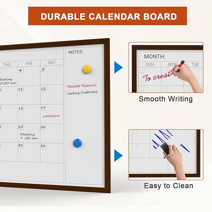 Comix Dry Erase Calendar Whiteboard for Wall,Magnetic Dry Erase White Board with Brown Wood Frame, 36 * 24 inches Decorative Planner Board for Office, Kitchen, School, Home