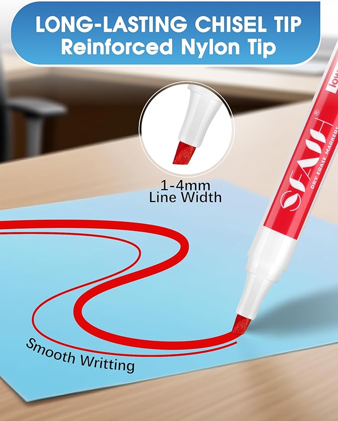 SFAIH Dry Erase Markers Chisel Tip with Magnetic Whiteboard Eraser, 48 Bulk 12 Assorted Colors White Board Markers for Teachers, Versatile Lines, 1s Quickly Dry, Perfect for Classroom and Office