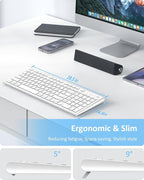 FENIFOX Wireless Keyboard, Bluetooth + USB Ergonomic Silent Quiet Rechargeable with Number Pad Compact Full Size Multi Device Keyboards for iPad Tablet Mac Computer Surface PC MacBook Laptop White