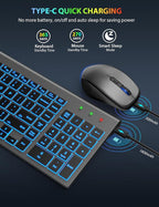 SABLUTE Wireless Keyboard and Mouse Combo Backlit - Compact Quiet Keyboard with RGB Mouse, Rechargeable, Slim, Sleep Mode, Portable Cordless Keyboard Mouse Set for Mac, Windows, Laptop (Space Gray)