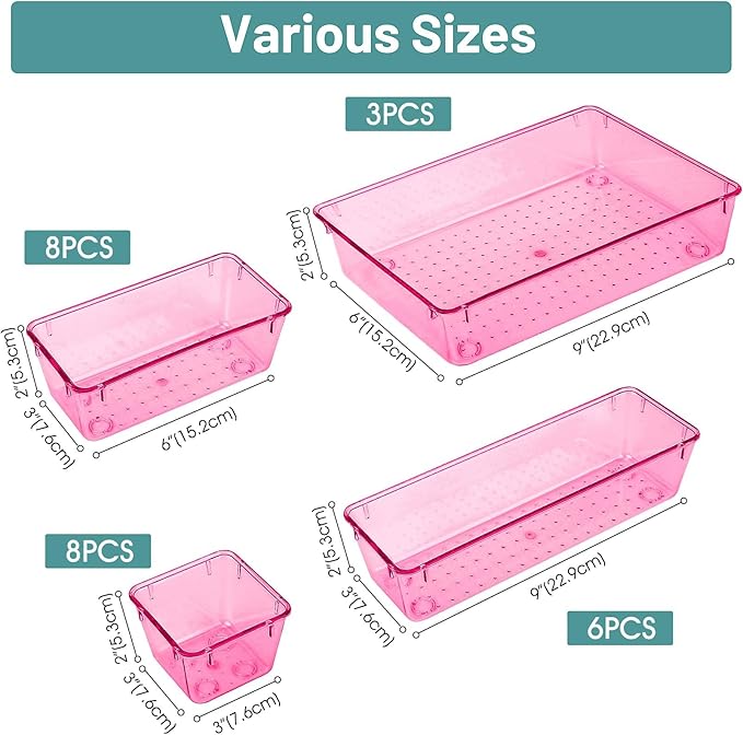 WOWBOX 25 PCS Plastic Drawer Organizer Set, 4 Sizes Desk Drawer Divider Organizers and Storage Bins for Makeup, Jewelry, Gadgets for Kitchen, Bedroom, Bathroom, Office, Clear Pink