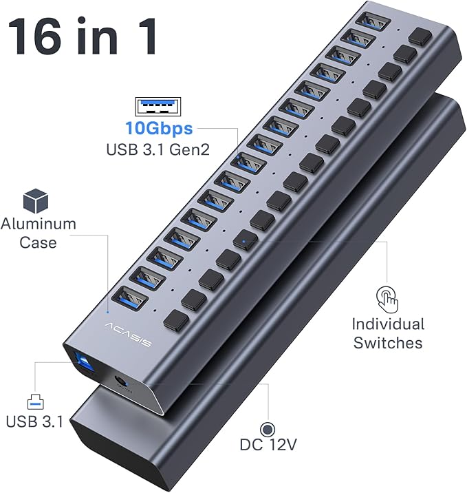 Powered USB 3.1 Hub, ACASIS 16 Ports USB 3.1 Hub with 10Gbps Data Speed，Aluminum Housing, USB Hub Powered with 96W Power Adapter, USB Hub for PC/Laptop, Computer, Flash Drive, Printer, Camera