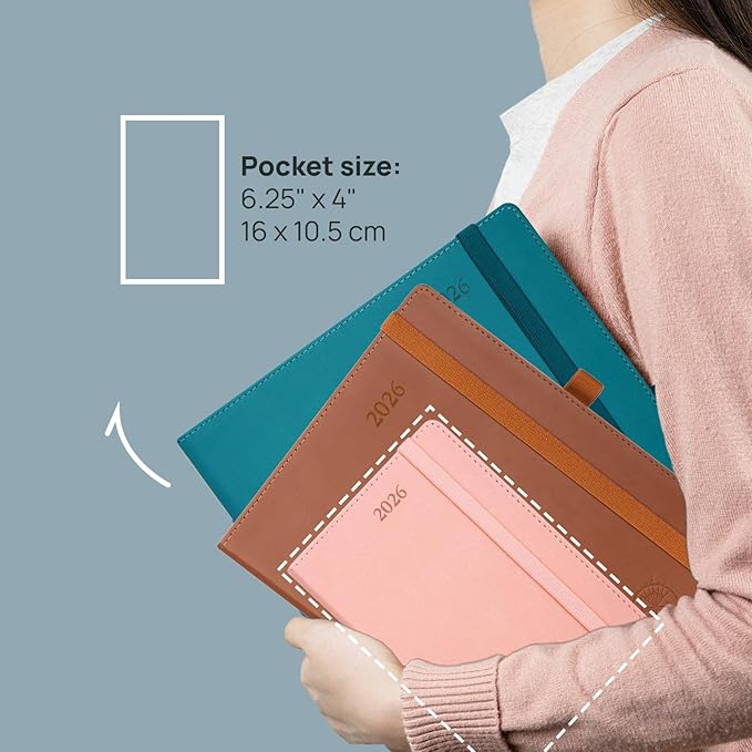 POPRUN Pocket Calendar 2026 (Small Size- 4'' x 6.25") Weekly and Monthly for Purse - Planner 2026 (Jan. 2026 - Dec. 2026) with Vegan Leather Soft Cover, Plastic Ruler, Pen Holder and More - Burgundy Red