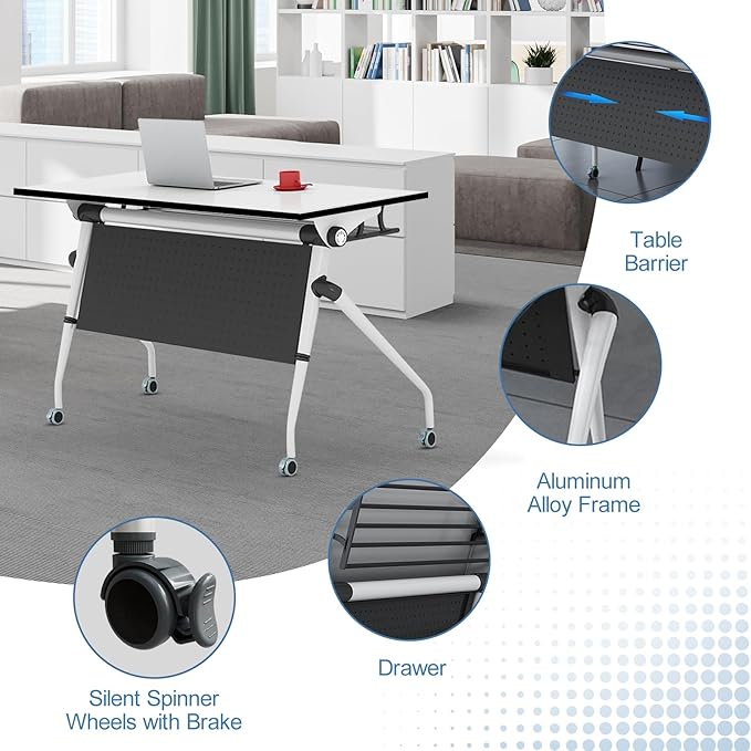 Conference Table, Folding Conference Room Tables, Mobile Training Tables with Silent Wheels, Large Rectangular Modular Seminar Table Office Computer Desks for Classroom White (6Pack L70.9in)