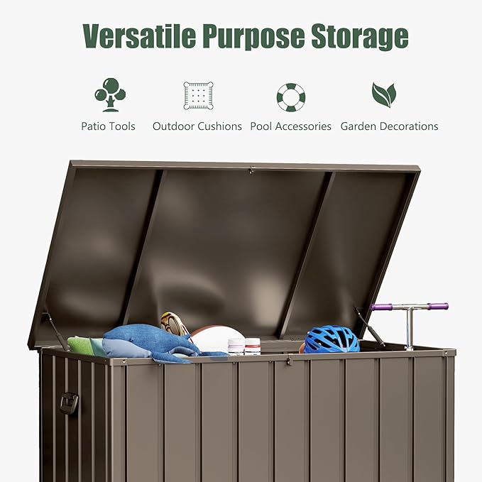 Domi Outdoor Storage Deck Box 120 Gallon, Waterproof Lockable Steel Outdoor Storage Container for Outside Cushions, Garden Tools and Pools Equipment, (Brown)
