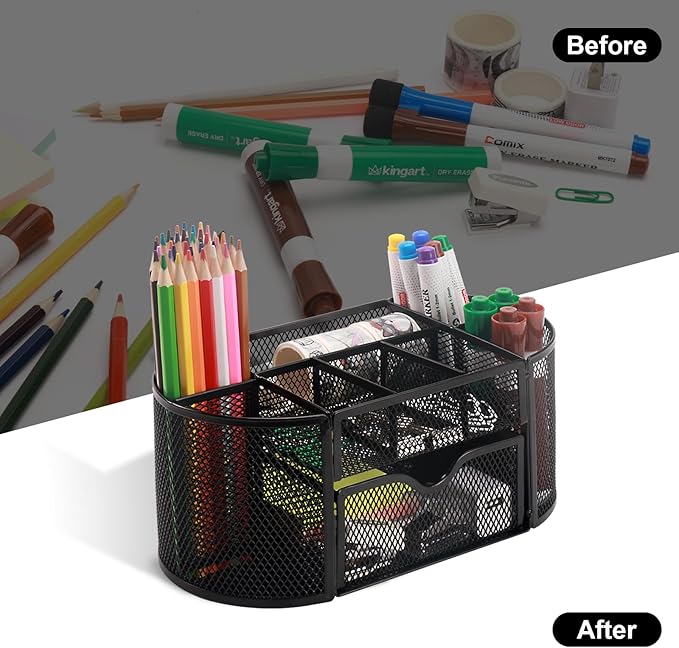 Comix Mesh Pen Pencil Holder Desk Organizer, 8 Compartment and 1 Drawer Wire Desktop Pen Pencil Cup Caddy Office Supplies Accessories for Home Office School, Black