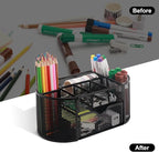 Comix Mesh Pen Pencil Holder Desk Organizer, 8 Compartment and 1 Drawer Wire Desktop Pen Pencil Cup Caddy Office Supplies Accessories for Home Office School, Black