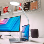LUME CUBE Edge 2.0 LED Desk Lamp | Dimmable Home Office Desk Light with USB Charging Port & Strong Swing Arm | Adjustable Color Temperature and Brightness | Circle Webcam Light - White