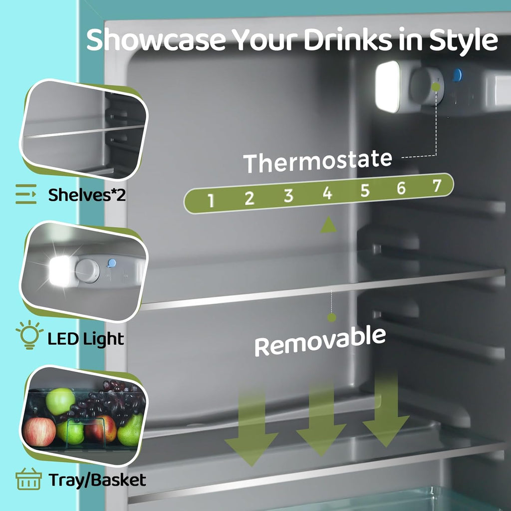 3.4 Cu.Ft Retro Small Beverage Refrigerator Cooler with Double Tempered Glass Door, 120 Can Wine Drink Beer Mini Fridge for Office Bedroom Bar with 7 Temperatures, Adjustable Shelves, Blue