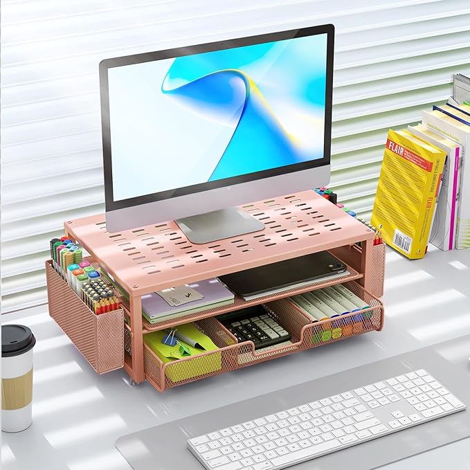 gianotter Desk Organizers and Accessories, Monitor Stand with Drawer and 2 Pen Holder, Desktop Organizer Suitable for Offices and Dormitories (Rose Gold)