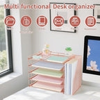 AUPSEN Rose Gold Desk Accessories Organizer,5-Tier Desktop Paper File Organizer with Adjustable File Holder, Office Desk Accessories for Office Supplies