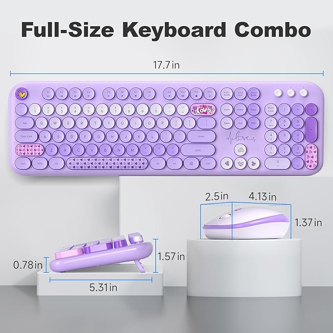 Wireless Keyboard and Mouse, Typewriter Full Size Keyboard with Number Pad and 2 in 1 USB Connected Mouse for Windows 7/8/10, Laptop, Desktop, PC, Computer (Purple Colorful)